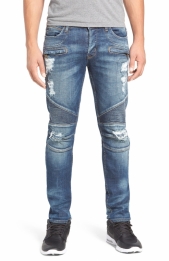 Mens Slim Fit Stretch Light Stonewash Biker Style Jeans